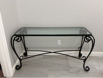 Wrought iron console table with thick glass top/entryway table