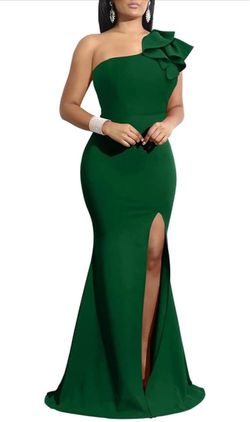 Women’s Green One-Shoulder Ruffle Mermaid Long Gown Dress w/ Slit Size L