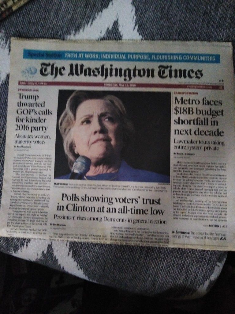 The Washington Times Thursday May 22nd 2016 Collectible Very Good Condition