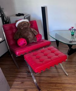 Modern Barcelona Style Lounge Chair with Ottoman - Red Leather - Excellent Condition