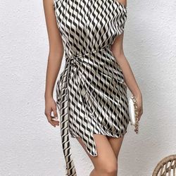 Chiquease Allover Print Asymmetrical Neck Wrap Hem Dress Satin Women Outfit
