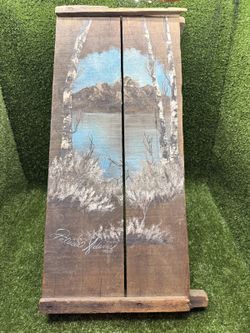 Patricia James 1983 Signed Rustic Mountain Lake Landscape Painting on Wood