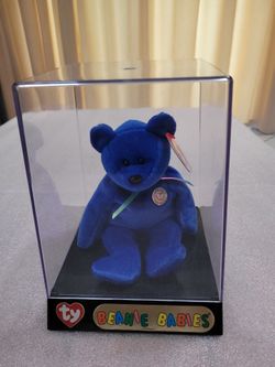 Ty Beanie Baby Royal Blue Bear in Display Case