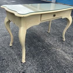 Off White Cream Colored Antiqued Glass Top Vanity Desk Entry Table! Good condition! Delivery Available!  48x25x29in