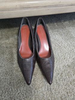 Dark Brown Croc-Embossed Pointed-Toe Heels