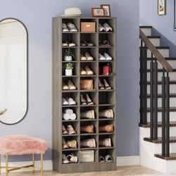 XK00701 Wooden Shoe Rack, 10-Tier Gray Shoe Storage Cabinet with 30 Cubbies, Freestanding Tall Entryway Shoe Organizer for Closet, Entryway, Living Ro