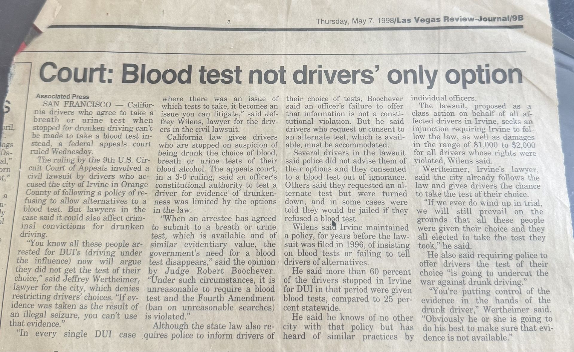 Thursday, May 7, 1998 • Page 9B Associated Press Court: Blood Test Not Drivers’ Only Option Make A Serious Offer
