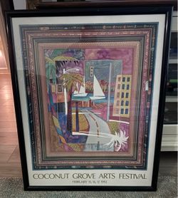 Vintage 1992 Coconut Grove Arts Festival Framed Poster - Art Deco / Miami Tropic Style