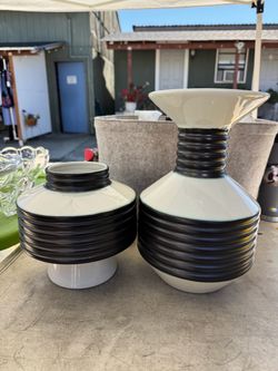 Beautiful Set of Two Ivory Crackle Alfredo Vases With Gunmetal Accent.