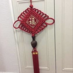 Large Red Handmade Chinese Knots And with exquisite peach wood carving