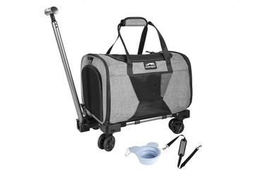 Soft Sided Cat Carrier Wheels Rolling Dog Carrier Airline Approved Pet Carrier with Wheels for Puppy and Kitten with Telescopic Handle and Trolley 