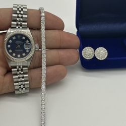 Jewelry set = lady Date just Rolex  26m original diamond dial + Tennis 💎 bracelet + 💎 Earrings