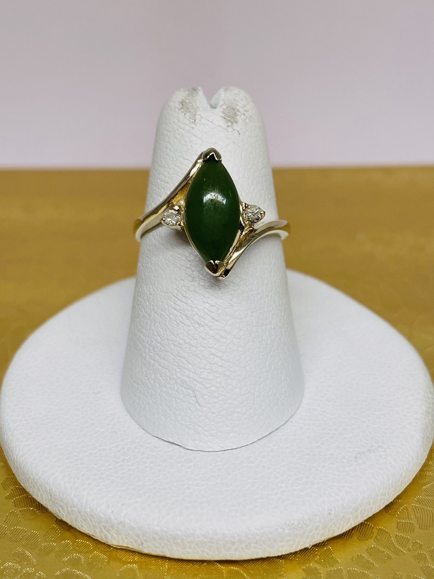 Marked 14 K Jade Ring With Diamond Accents 