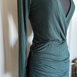 Young Fabulous Broke Green Stretch V Neck Ruched Dress Sz XS