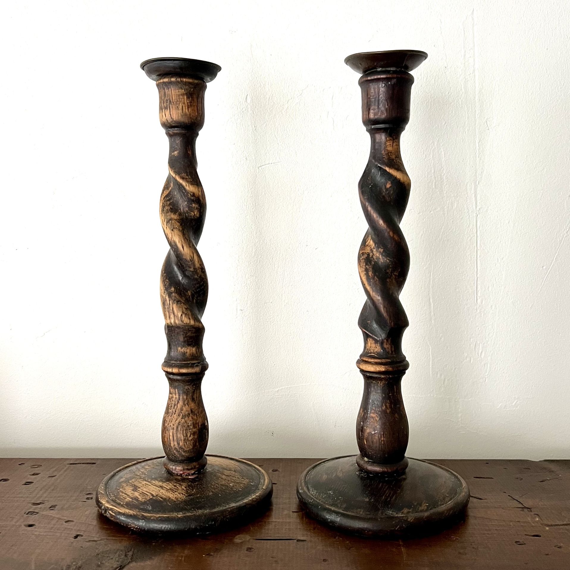 Vintage Barley Twist Candlesticks Oak w/ Brass or Metal Drip Cups Approx. 12” Tall