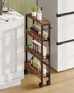 4-Tier Slim Storage Cart, 5.1'' Kitchen Serving Trolley, Slim Rolling Cart with Handle and Guard Rails, Slim Cabinet for Small Spaces, for Dining Room