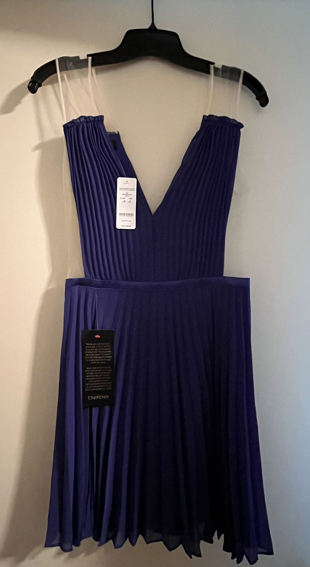 NEW Bebe Blue Pleated Illusion Dress Size 6