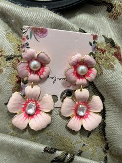 Pink Floral Drop Earrings with Pearl and Crystal