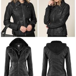 Women’s Clothing Lock & Love Black Faux Leather Moto Biker Jacket With A Removable Hood Size Women’s Small Also Fits A Size 14/16 Girl