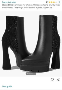 Stacked Platform Boots for Women Rhinestone Vamp Chunky High Heel Pointed Toe Design Ankle Booties w/Side Zipper Clos(9-5)