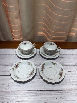 Johann Haviland Traditions Fine China Moss Rose 2 Teacups, 4 Saucers 1950s