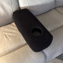 Removable sofa arm rest. Like new. Red leather with soft black felt cover