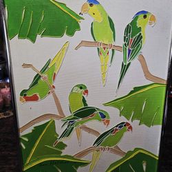 Vintage 1970's Green Parrots on Branches Painting by Sharie Hatchet Bohlmann Signed Framed 14"×18"