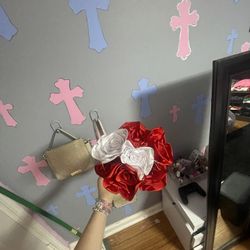 7 Ribbon Flowers With  Flower Stand