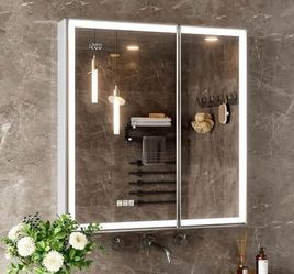 New 30x32 Lighted Dimmable LED Medicine Cabinet w/ Lights Outlet Time Display