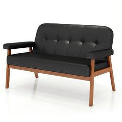50”W Black Faux Leather Small Office Couch Loveseat Sofa with Wood Arms