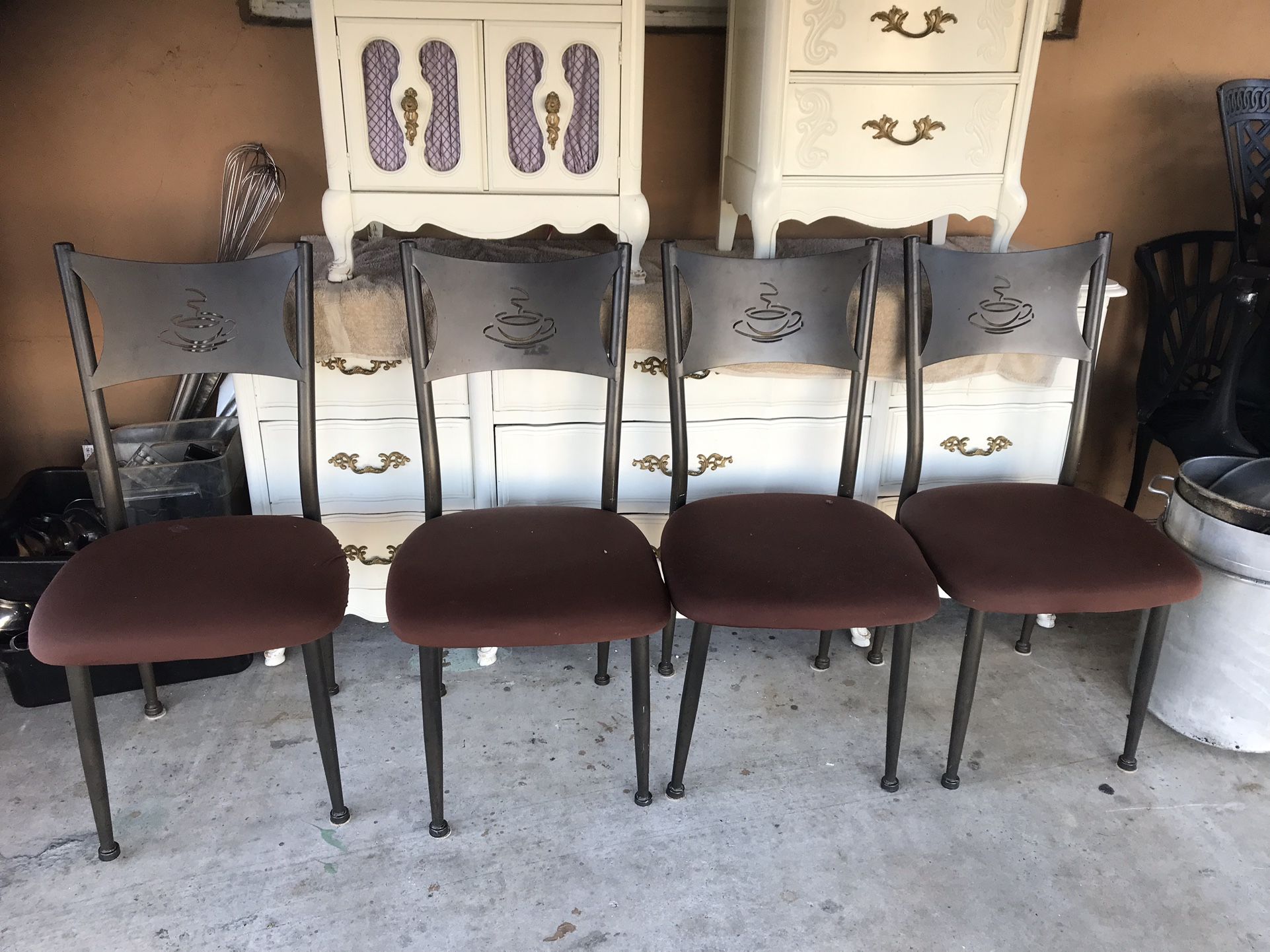 4 Brown Metal Chairs With Removable Red Seat Covers