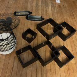 A Few Decorative Home Items, A Few Black Wall Decor  ( Floating Shelves) A Big Round Candles Holder And More (NO SHIPPING)