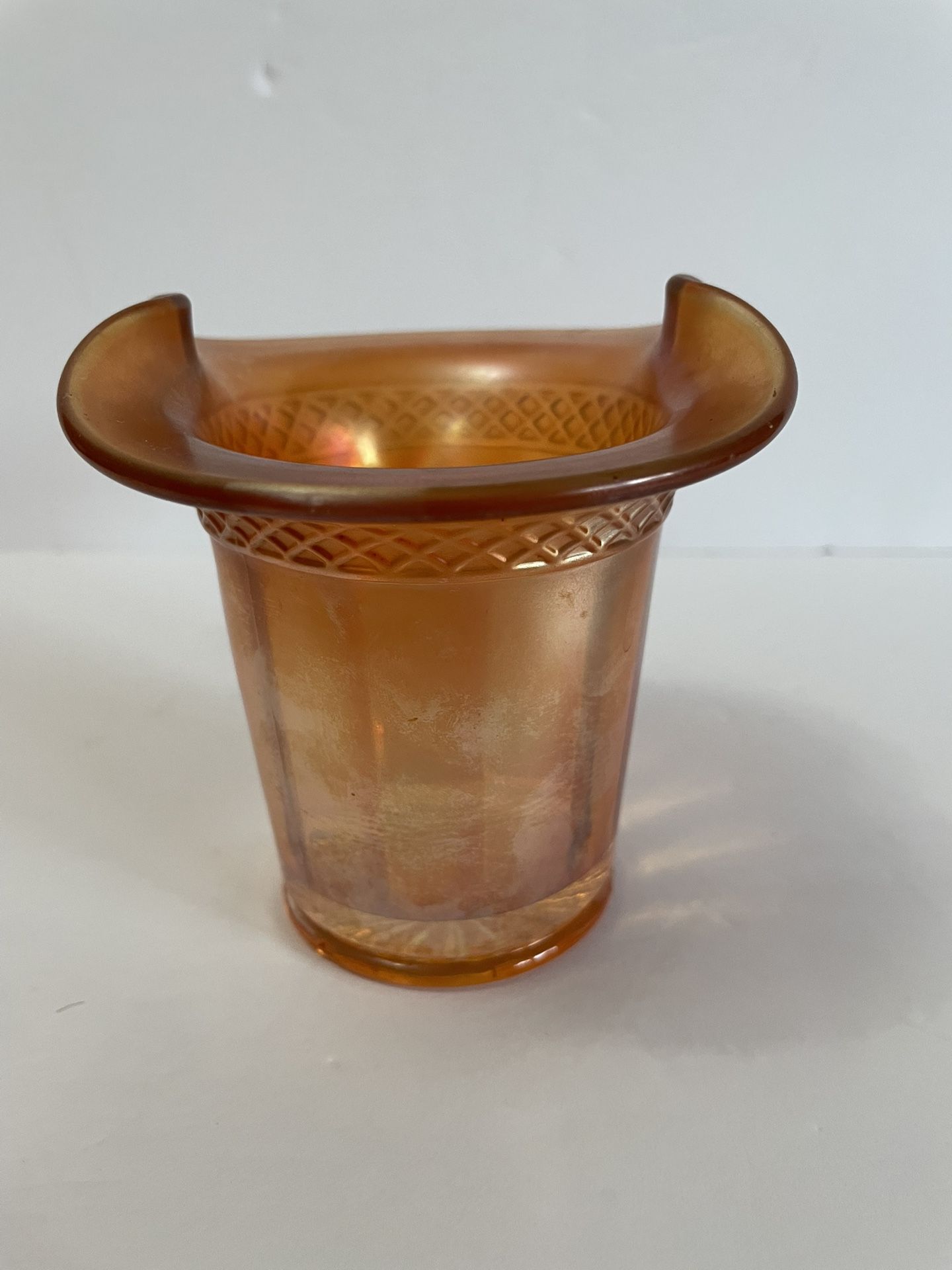 1920’s Dugan Iridescent Marigold Carnival Glass Hat Vase With Diamond Band