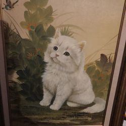 B.HARRIS CAT WITH BUTTERFLY OIL PAINTING