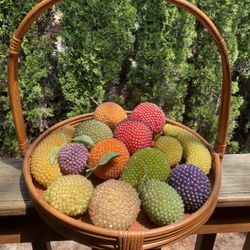 Vintage Beaded Fruit In Rattan Basket 