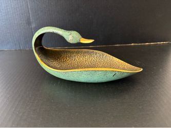 Vintage Pal-Bell Co Brass Verdigris Enamel Stamped 9” Swan Dish