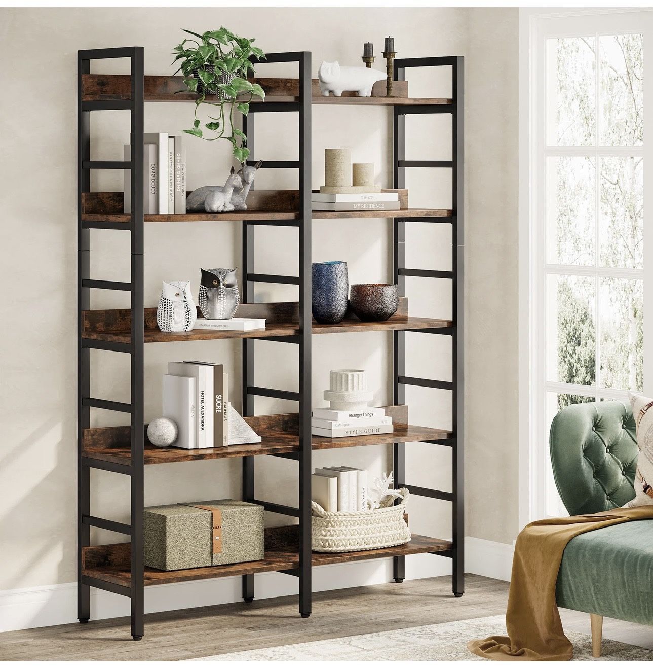 U0129 5-Tier Bookshelf, Double Wide Bookcase Storage Shelves Unit