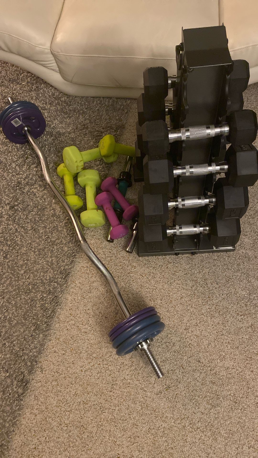 Dumbbells And Rack With Standard Curl Bar