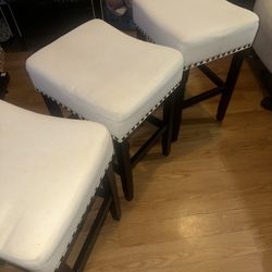 Set of 3 White Upholstered Bar Stools with Nailhead Trim