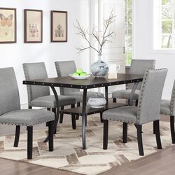 Brown Dining Table Set With 6 Gray Chairs (Free Delivery)
