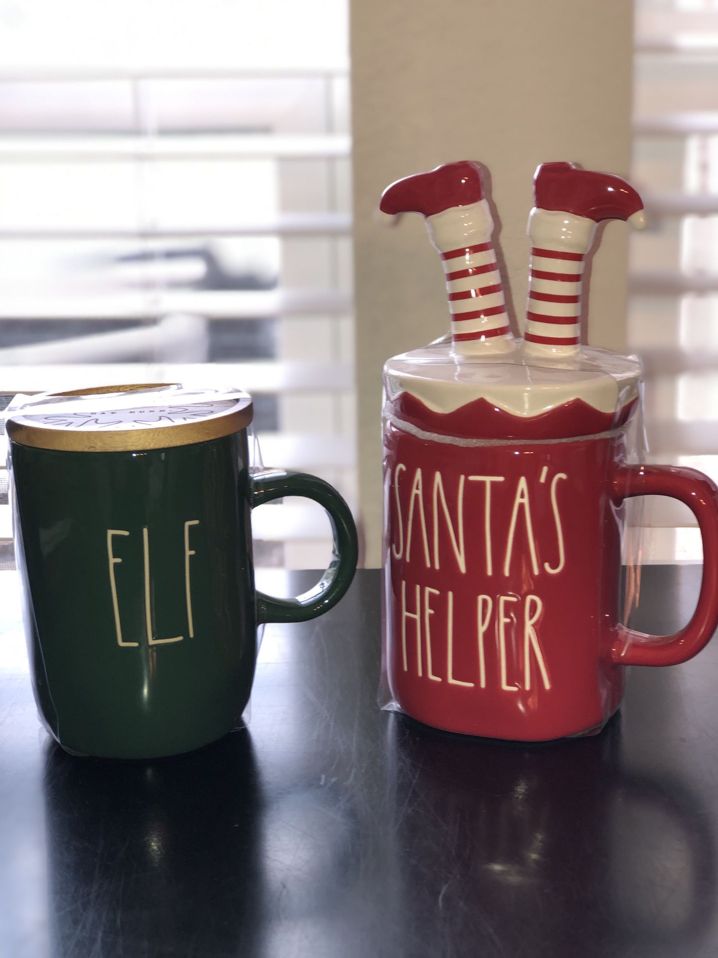 Rae Dunn Santa’s Helper mug w/topper & Green Elf mug with lid