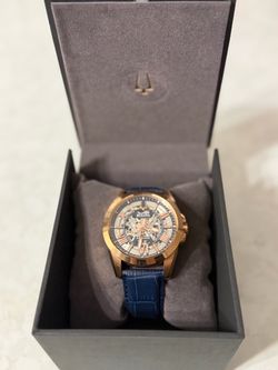 Bulova Automatic Skeleton Watch Rose Gold Blue Leather