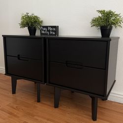 (2) Cute Black 2-Drawer Small Mid Century Modern Style Night Stands 