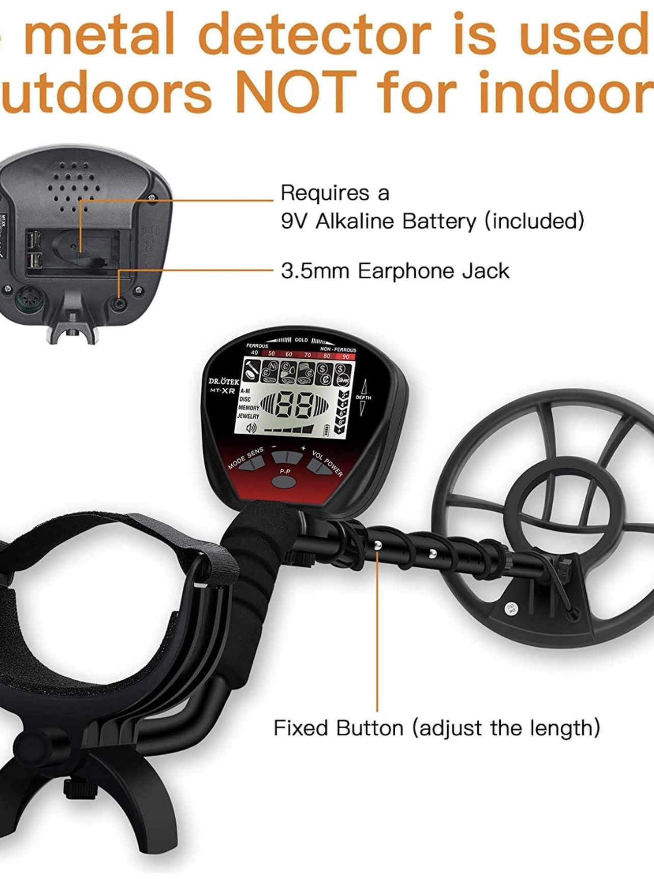 New DR.ÖTEK Lightweight Metal Detector for Adults and Kids, Multi-Function with Pinpointer, Big Waterproof Coil for Greater Depth with Backlit LCD, In