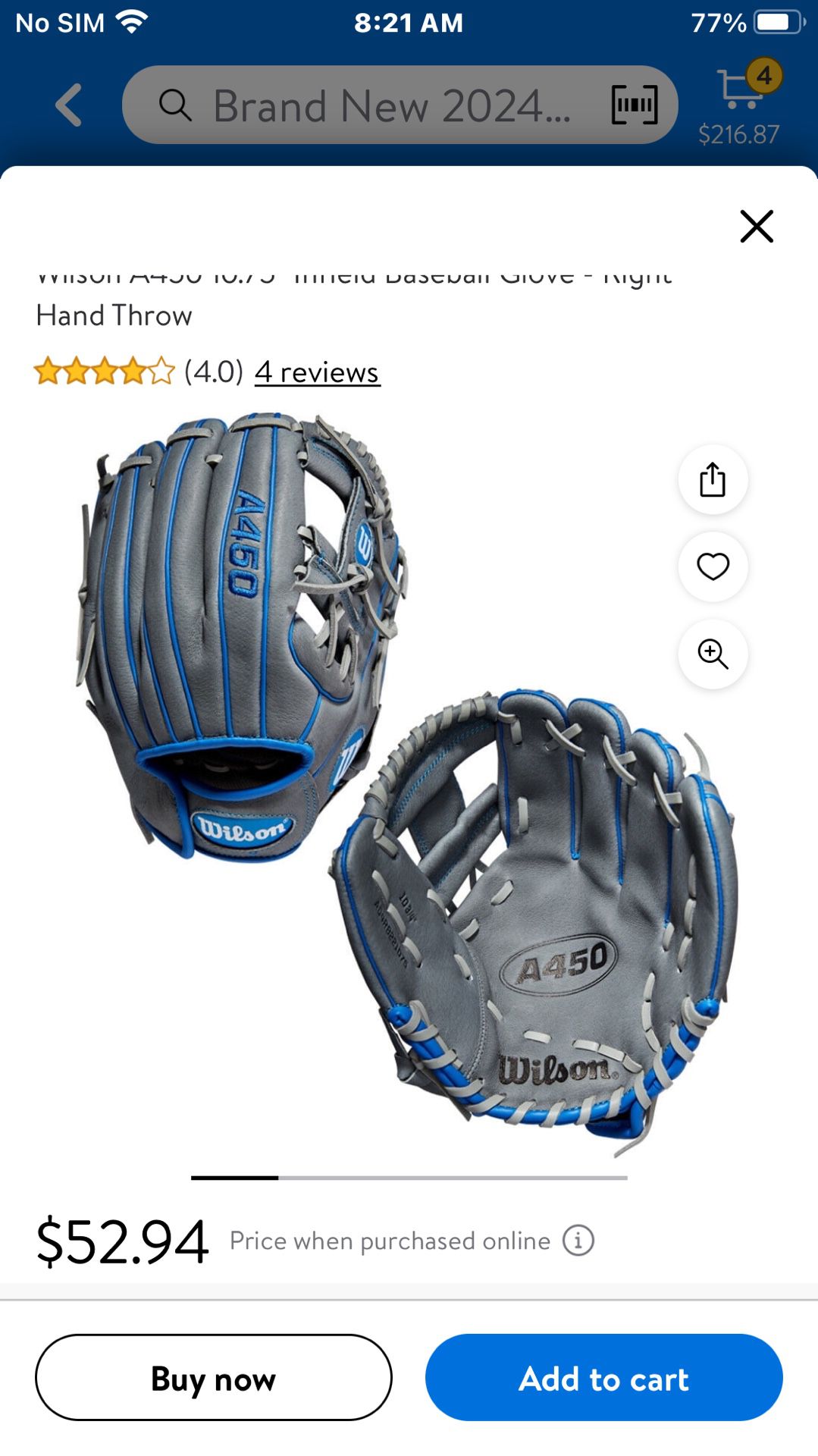 Brand New 2024 Wilson A450 Infield Glove 10.75" WBW Baseball Right Hand Youth