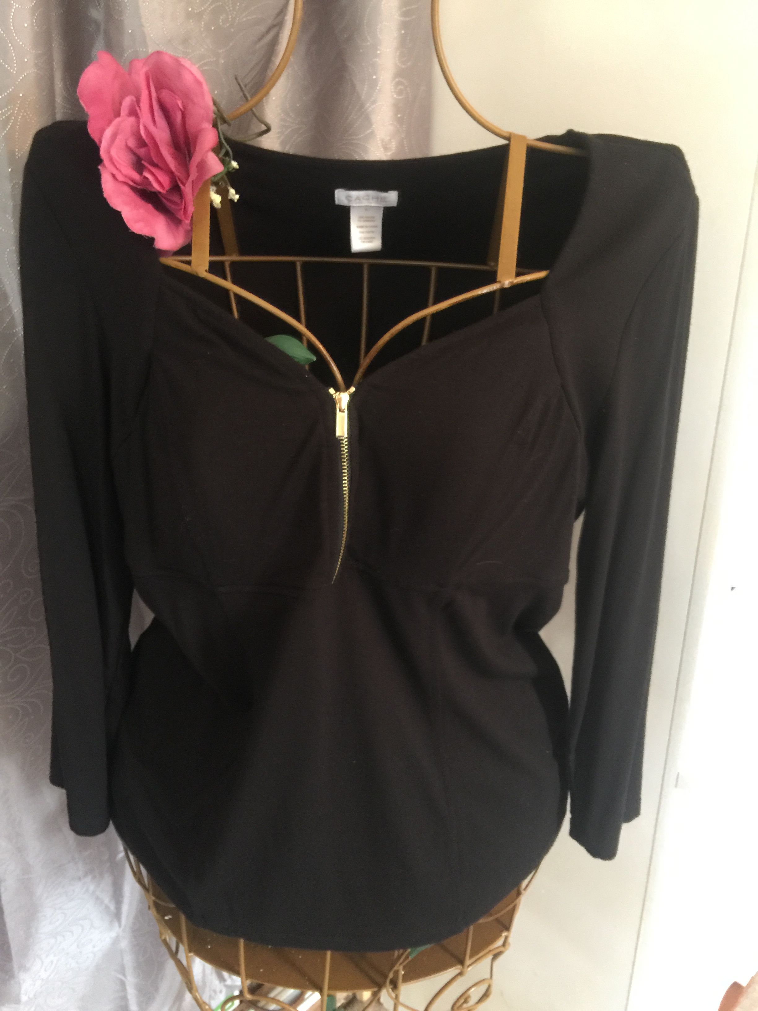 CACHE' Designer fitted Black stretch polyester blend dress shirt zip font gold long sleeves beautiful shirt large/xl