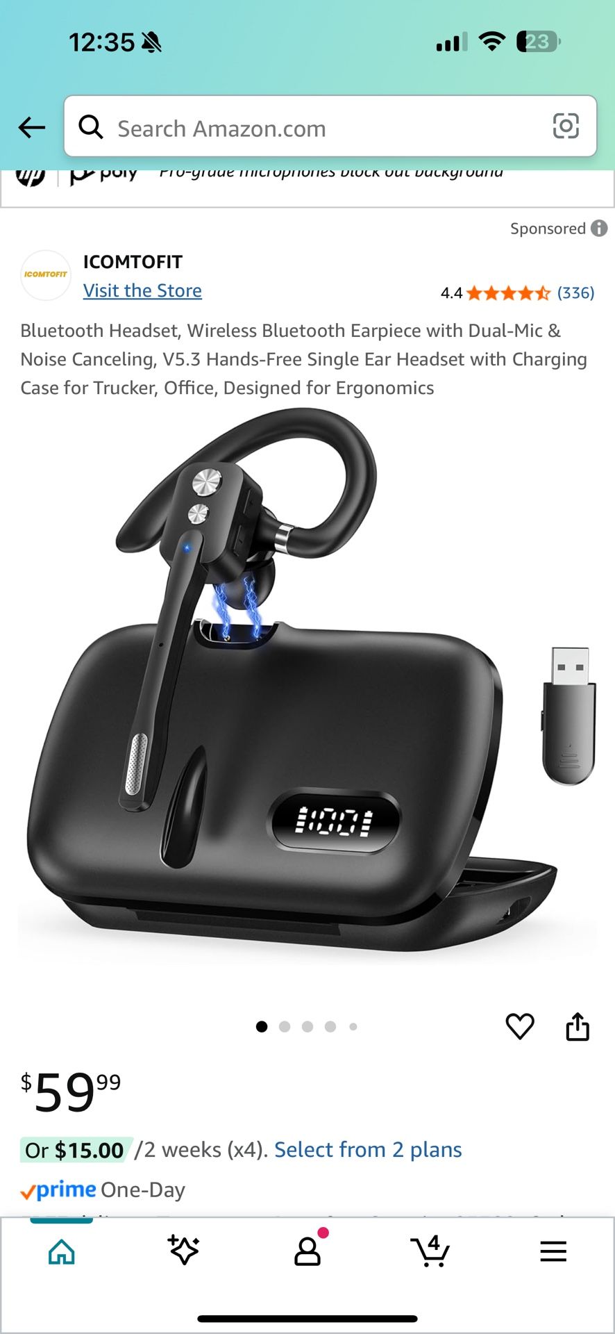 Bluetooth Headset, Wireless Bluetooth Earpiece with Dual-Mic & Noise Canceling, V5.3 Hands-Free Single Ear Headset with Charging Case for Trucker, Off