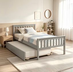 Twin Bed Frame with Pull-Out Trundle – Like New