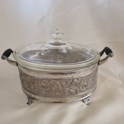 Vintage 1920’s Pyrex Oval Glass Covered Casserole With Silver Metal Stand Cradle