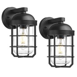 2 - Pack Outdoor Exterior Wall Light Fixtures for Porch , 11.3 Inch Black Wall Mount Lantern with Metal Cage And Clear Tempered Glass